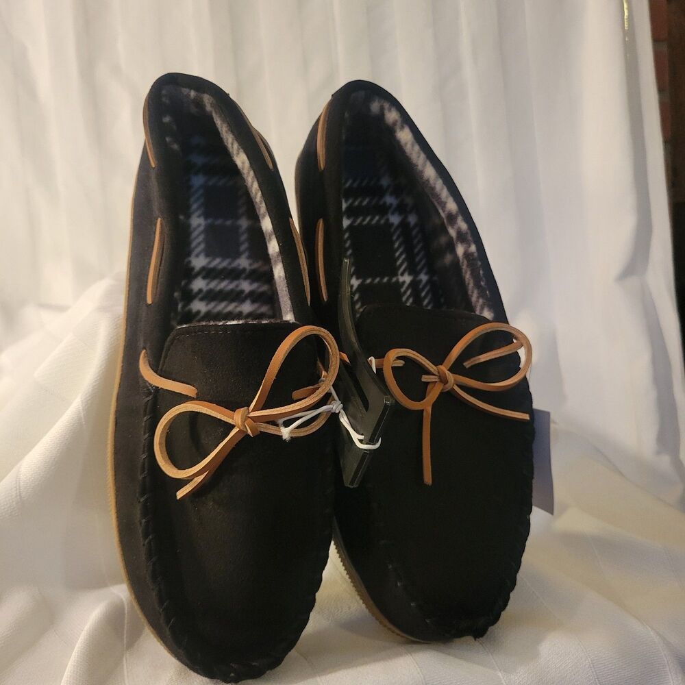 Sonoma Moccasin Slippers ~ Mens Size Xl 12-13) Plaid fleece lining Black NEW